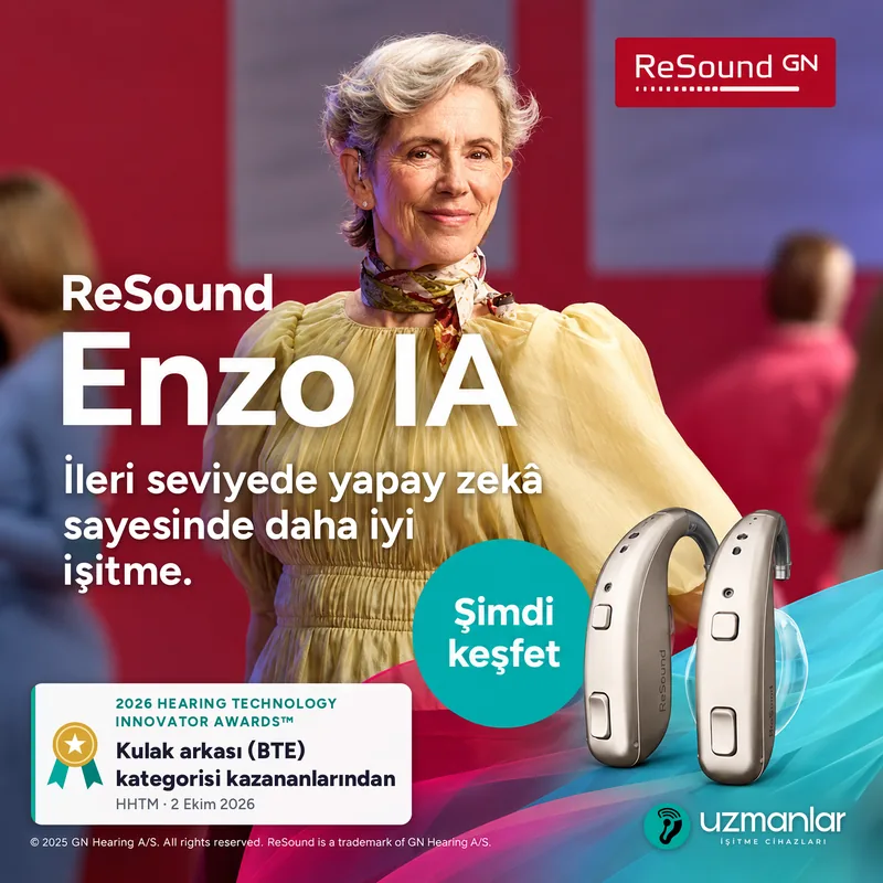 ReSound Enzo IA şarjlı kulak arkası süper güç işitme cihazı çifti; görselde 2026 Hearing Technology Innovator Awards kulak arkası (BTE) kategorisi bilgisi ve Uzmanlar Çankaya İşitme Cihazları logosu yer alıyor